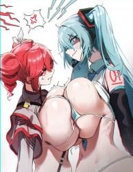 2d 2girls alternate_breast_size anger_vein angry arm_tattoo belly belly_button bikini blue_eyes blue_hair blush breast_sumo breasts breasts_bigger_than_head breasts_press breasts_pressed_against_partner breasts_pressed_together breasts_to_breasts catfight cleavage close_up collared_bikini detached_sleeves dotthebot drill_hair duo face_to_face female glowing_eyes hair_ribbon hatsune_miku hatsune_miku_(collared_bikini) headgear kasane_teto kasane_teto_(sv) lightning long_hair long_sleeves looking_at_each_other looking_at_partner medium_hair mostly_clothed mostly_nude_female necktie open_topwear red_eyes red_hair slave_handles smaller_female smaller_girl source spoken_anger_vein standing staredown striped_bikini sweat sweaty swimsuit synthesizer_v taller_female taller_girl tied_hair twin_drills twintails utau vest vocaloid white_background