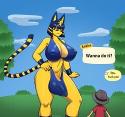 animal_crossing ankha ankha_(animal_crossing) anthro balls balls_outline big_breasts big_penis blue_hair breasts bulge clothing detailed_bulge digital_media_(artwork) domestic_cat duo english_text felid feline felis ftg_crossgender fti_crossgender fur futanari genital_outline genitals gynomorph hair hi_res higher_resolution_duplicate huge_breasts intersex mammal nintendo nipple_outline onxel penis penis_outline size_difference tail text thick_thighs underwear yellow_body yellow_fur