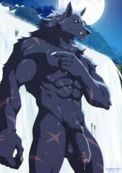 abs aledonrex anthro balls biceps blaidd_(elden_ring) canid canine canis claws crotch_tuft detailed_background elden_ring fangs flaccid foreskin fromsoftware fur genitals hi_res humanoid_genitalia humanoid_penis male mammal moon muscular muscular_anthro muscular_male night nude outside pecs penis solo teeth tuft vein veiny_penis waterfall wolf