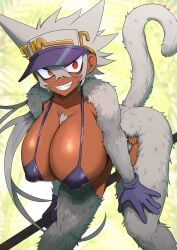 accessory big_breasts bikini_top_only bottomless breasts cleavage clothed clothing dark_body dark_skin ear_piercing female fur g_tsurimasu gloves grin hair handwear haplorhine hat headgear headwear hi_res huge_breasts mammal monkey muscular muscular_female nipple_outline piercing primate pubes red_eyes smile tail tomboy visor_cap white_body white_fur white_hair