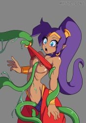 1girls 5_fingers absurd_res areola blue_eyes blush bra_pull breasts choker clothing female fingers genitals green_tentacles hair hi_res humanoid humanoid_pointy_ears long_hair mystic_dong nipples not_furry open_mouth ponytail purple_hair pussy shantae shantae_(character) solo spread_legs stripped_by_tentacles tentacle tentacle_around_arm tentacle_between_breasts tentacle_under_panties tentacles_around_arms tentacles_under_clothes wayforward wide_eyed wide_hips