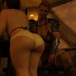 2024 3d ass black_hair dwarf dwarf_female female futa_on_female futanari huge_breasts indoors jordanja larger_futanari multiple_girls size_difference smaller_female tavern tavern_wench