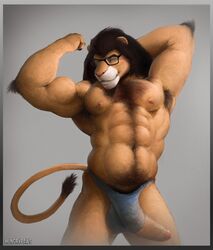 1boy abs anthro armpit_hair armpits balls biceps big_muscles blue_eyes body_hair brown_hair bulge chest_hair claws clothed clothing dripping erection eyewear facial_hair feline flexing fur glasses goatee hair happy_trail humanoid_penis hungrypaws lion long_penis male male_only mammal muscular muscular_male nipples pecs penis penis_through_leghole pink_nose poking_out pose precum precum_string pubes solo standing tan_fur thick_penis thong topless translucent uncut underwear