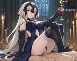 ai_assisted ai_generated ayakonarts cowgirl_position cum ejaculation erection fate/grand_order fate_(series) jeanne_alter jeanne_d'arc_(fate)_(all) penis pussy uncensored vaginal_penetration wine