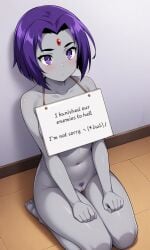 ai_generated flat_stomach green_skin indoors innie_pussy lonelylady on_knees pet_shaming pubic_hair purple_eyes purple_hair purple_pubic_hair raven_(dc) shaming sign_around_neck slim_waist teen_titans