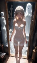 ai_generated dress ghost grey_body grey_eyes horror legs mirror navel night_dress nightgown see see-through_clothing silver_hair statue translucent_clothing transparent_clothing