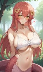 1girls ai_generated amber_eyes belly_button big_breasts blush bottomless bra bra_only breasts female hair_accessory hair_ornament heart heart heart_symbol lamia large_breasts long_hair looking_at_viewer miia_(monster_musume) monster_girl monster_musume_no_iru_nichijou navel nipple_bulge nipples nipples_visible_through_clothing outdoors outside red_hair red_scales scales smile smiling snake_girl solo solo_female spyder_sensei