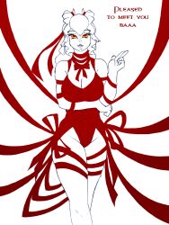 anthro classy evening_dress evening_gown furry galejro goat goat_girl horizontal_pupils horned_female horns lineart nirva(galejro) red_ribbon red_ribbons relaxed_expression ribbon_bondage ribbons white_hair yellow_eyes