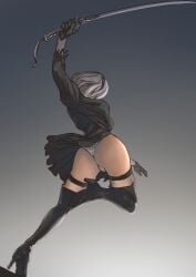 1girls ass big_ass clothing female female_only hairband light-skinned_female light_skin nier nier:_automata short_hair solo thick_thighs thong uru_(uru0000) white_hair white_thong yorha_2b