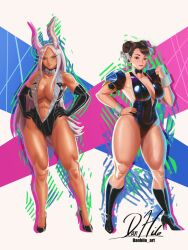 2girls alternate_costume big_breasts breasts brown_hair bunny_ears chun-li crossover danhilo dark-skinned_female dark_skin double_bun female female_only huge_breasts large_breasts long_hair miruko multiple_girls my_hero_academia rumi_usagiyama street_fighter thick_thighs white_hair