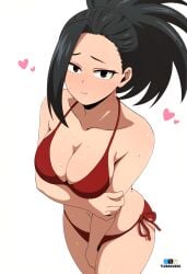 1girls artist_name bikini black_eyes black_hair boku_no_hero_academia breasts cleavage fanbox_logo female hearts highres large_breasts looking_at_viewer momo_yaoyorozu my_hero_academia navel pixiv_logo pout red_bikini solo sweat swimsuit tsuranukko twitter_x_logo wide_hips