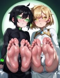 ai_generated black_dress black_hair blonde_hair feet femboy foot_fetish glowing_eyes green_eyes multiple_boys sweaty white_dress yellow_eyes