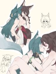 2girls animal_ear_fluff animal_ears blue_hair blush bracelet breasts brown_hair closed_eyes closed_mouth commentary completely_nude fingering fox_ears fox_girl fox_tail french_kiss green_eyes hand_on_another's_neck hand_on_another's_shoulder highres honkai:_star_rail honkai_(series) jewelry kissing long_hair medium_breasts multicolored_hair multiple_girls nipples nude one_eye_closed outline rx_447 simple_background streaked_hair sweatdrop tail tingyun_(honkai:_star_rail) tongue tongue_out white_hair white_outline yellow_background yukong_(honkai:_star_rail) yuri