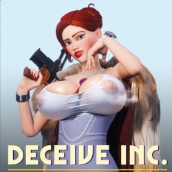 ai_assisted ai_generated areolae areolae_visible_through_clothing deceive_inc. dress exposed_breasts large_breasts purple_dress red_(deceive_inc.) red_hair steaming_body sweat