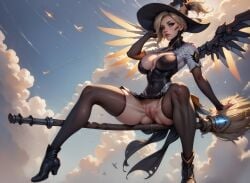 1girls ai_generated blonde_hair blue_eyes high_heels_boots league69 looking_at_viewer no_panties overwatch overwatch_2 pussy pussy_lips short_hair solo thighhighs thighs witch_hat