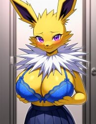 ai_generated big_breasts blue_bra blue_skirt breasts cleavage eeveelution female female_focus female_only furry jolteon kemonogirls large_breasts nintendo pleated_skirt pokemon pokemon_(species) purple_eyes school_uniform solo two_tone_body two_tone_fur white_fur yellow_fur