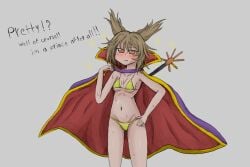 armpits brown_eyes cape looking_at_viewer navel short_hair smile sweat swimsuit thighs touhou toyosatomimi_no_miko xsmile