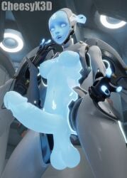 3d big_balls big_breasts big_penis blue_skin cheesyx3d echo_(overwatch) futanari overwatch overwatch_2 precum precum_drip robot robot_girl smile thick_thighs wide_hips