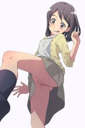 black_eyes black_hair cardigan covered_nipples female hair_ornament hairclip hayyan highres innie_pussy long_hair no_panties original pussy pussy_juice skirt solo standing standing_on_one_leg upskirt urine_on_thighs