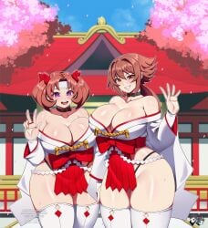 2girls asian asian_female huge_breasts jadenkaiba japanese_clothes looking_at_viewer peace_sign shrine_maiden thick_thighs