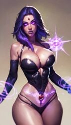 ai_generated costume dc dc_comics pale_skin purple_hair raven_(dc) slut slutty_outfit slutty_teenager solo_female superheroine teen_titans