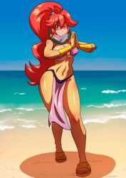 beach belly_dancer belly_dancer_outfit blush cleavage dancer dancer_outfit genie harem_girl harem_outfit large_breasts loincloth long_hair ono-fire original original_character ponytail purple_eyes red_hair sandals seaside veil wink