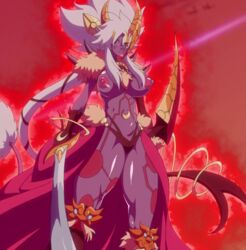 1girls body_markings bracelet breasts cape dancer duel_monster edit female holding_sword holding_weapon large_breasts lion lion_tail lunalight lunalight_leo_dancer moon purple_skin red_eyes sword tail thick_thighs weapon white_hair yu-gi-oh! yuu-gi-ou_duel_monsters