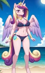 1girls 2024 ai_generated alicorn anthro beach bikini blushing cameltoe cleavage curvy_female curvy_figure cutie_mark digitigrade equine female female_only gold_jewelry hasbro hi_res long_hair looking_at_viewer my_little_pony my_little_pony_friendship_is_magic nipple_bulge outdoors pink_body pink_feathers pink_fur pink_hair pony princess_cadance_(mlp) purple_eyes purple_hair royalty seaside smile underboob unicorn_horn wings yellow_hair