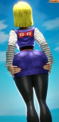 3d 3d_(artwork) android_18 ass ass_focus blender_(software) blonde_female blonde_hair dragon_ball jean_skirt large_ass skirt smitty34 voluptuous voluptuous_female