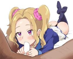 1boy aikatsu! aikatsu!_(series) ass black_panties blue_shirt blush daichi_nono fellatio female hair_intakes hair_ornament hair_scrunchie highres legs_up light_brown_hair long_hair long_sleeves lying miniskirt on_stomach oral panties pink_scrunchie pleated_skirt ptrt purple_eyes school_uniform scrunchie shirt skirt solo_focus starlight_academy_school_uniform twintails underwear white_background white_skirt