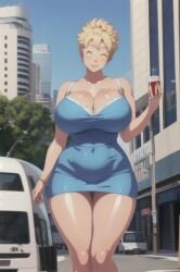 ai_generated big_breasts blonde_hair blue boobs_bigger_than_your_head breasts bythebrokenone cleavage dragon_ball dress huge_boobs mature_woman milf mother panchy panchy_(dragon_ball) panchy_briefs thick_thighs