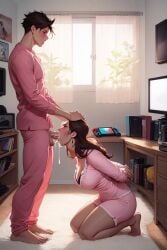 1boy 1girls ai_generated bedroom cocksleeve cum cum_dump cum_in_mouth deepthroat domination fellatio forced free_use incest male/female male_domination milf mother mother_and_child mother_and_son older_female pink_clothing submissive