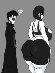 1boy1girl 2024 black_hair ear_piercing ethan_(theimmortalguy) fanart goth goth_girl gym_clothes huge_ass huge_breasts looking_at_ass short_hair text theimmortalguy thought_bubble veronica_(saltynoodles) white_skin