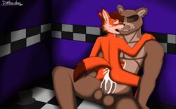 2016 anal anal_sex anthro anus ass balls bear canine closed_eyes crossover cum cum_in_ass cum_inside erection five_nights_at_freddy's floor fox foxblaster.dae freddy_(fnaf) fur furry grizzly_bear hat indoors male mammal muscular open_mouth orgasm penetration penis smile spread_legs spreading text yaoi