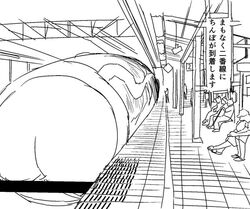 big_penis censored erection floor glans hyper hyper_penis japanese_text male_focus mammal penis pillars roof sitting size_difference sketch station text train_station translation_request