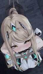 1girls ball_gag black_legwear blonde_hair blush bondage bound defeated defeated_heroine drool drooling gag gold_eyes hair_bondage hogtie large_breasts mythra_(xenoblade) seirein_(seireinnnn) suspension_bondage