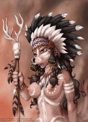 anthro belly_button big_breasts braided_twintails feathers jay_naylor native_american native_american_clothing native_american_female native_american_headdress nipples open_mouth rayka_(jay_naylor) ritual ritual_markings tribal tribal_clothing tribal_markings tribal_paint wolf