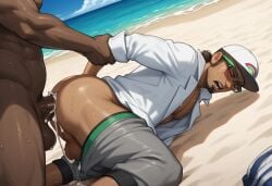 ai_generated anal_sex anal_sex bara clothed cum_in_ass cum_inside dark-skinned_male gay interracial kukui_(pokemon) male_only muscular_male outdoors pants_down pokemon pokemon pokemon_sm professor_kukui superherosuckerrr tan_skin