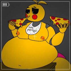 1girls animatronic animatronic_female big_belly chicken chicken_girl eating eating_food eating_pizza fat fat_female female five_nights_at_freddy's five_nights_at_freddy's_2 holding holding_food holding_object holding_pizza mrwab12 nipples obese obese_female orange_nipples pizza pizza_slice robot robot_girl scottgames toy_chica_(fnaf)