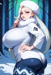 ai_generated balecxi curvy earrings from_behind fur_scarf hand_on_hip headwear huge_ass huge_breasts large_breasts leggings long_hair looking_at_viewer melony_(pokemon) naughty_face pokemon pokemon_ss scarf streaked_hair thick thick_thighs white_hair