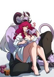 1boy 1girls demon demon_boy demon_girl female hi_res hooved_toes horns jacques_(kinkymation) kinkymation light-skinned_female light_skin long_hair male milf miss._lucy_(kinkymation) muscular muscular_male original pointy_ears purple_skin red_hair sitting sitting_on_lap tail white_background white_hair