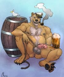 1boy alcohol anthro anus armpit_hair avian balls barrel bear beard beer belly beverage biceps bird black_nipples black_nose blue_eyes blush body_hair brown_fur chest_hair chumbasket claws eyebrows facial_hair front_view fur hairy half-erect happy_trail hat hi_res holding_object humanoid_penis male male_only mammal manly mature_male musclegut muscular muscular_male nipples nude open_mouth partially_retracted_foreskin pawpads pecs penis pink_penis pipe rope seagull simple_background slightly_chubby smile smoke smoking soft_focus solo spread_legs spreading uncut vein