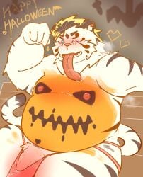 2024 absurd_res anthro belly big_belly bulge clothing costume eyewear felid genitals glasses halloween halloween_costume hi_res holidays kemono licho_(tas) lifewonders male mammal moobs morisa_mmk nipples one_eye_closed overweight overweight_male pantherine penis sitting solo tiger tokyo_afterschool_summoners tongue tongue_out underwear white_body wink