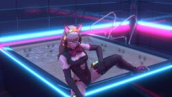 1girls 3d asian_female black_cat_d.va blender blonde_hair bow cat_ears corset d.va female female_only gloves goth legs_apart looking_at_viewer neon_lights overwatch overwatch_2 pink_ribbon pool ribbon seductive shiny_skin solo thighhighs thighs