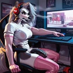 ai_generated anthro balls black_penis fishnets foreskin furry futanari gamer gamer_chair headphones helluva_boss loona_(helluva_boss) penis shorts tank_top thighhighs