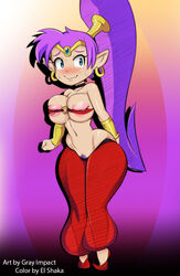 alternate_skin_color baggy_pants bent_wrist big_ears blush bracers breast_squish breast_suppress crotch_tuft djinn earrings el_shaka embarrassed embarrassed_nude_female enf female female_only flustered front_view full_body grey_impact high_ponytail long_ponytail navel_line nipple_slip pointy_ears ponytail pubic_tuft purple_hair red_legwear see-through_clothing shantae shantae_(character) short_ears smooth_skin solo sweatdrop vambraces wasp_waist wavy_mouth whitewashed wide_hips