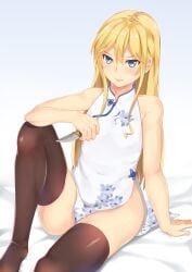 1boy blonde_hair blonde_hair_male blue_eyes blush blushing_at_viewer brown_thighhighs china_dress chinese_clothes chinese_male crossdressing crossdressing_male dress femboy femboy_focus femboy_only feminine feminine_body feminine_male feminine_pose floral_print hakata_tonkotsu_ramens highres knee_up knife long_hair looking_at_viewer male male_focus male_only only_male otoko_no_ko ryouya shiny shiny_clothes shiny_hair shiny_skin sitting solo thighhighs xianming_lin