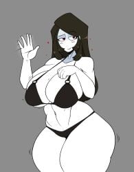 2024 bikini black_bikini black_hair cleavage fanart goth goth_girl heart hearts_around_head huge_breasts long_hair milf raised_eyebrow red_eyes revealing_clothes seductive seductive_look seductive_smile theimmortalguy veronica's_mother_(saltynoodles) waving waving_at_viewer white_skin white_skinned_female wide_hips