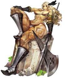 amazon_(dragon's_crown) dragon's_crown exposed_torso long_hair looking_at_viewer muscular official_art revealing_clothes small_breasts tall_female weapon white_hair