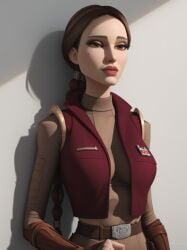 ai_generated belt belt_buckle braid braided_hair braided_ponytail clone_wars duchess_eugene gloves lips mole mole_under_eye padme_amidala portrait red_vest relaxed relaxing shirt stable_diffusion standing star_wars tagme upper_body vest